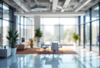 Beautiful blurred background of a light modern office interior with panoramic windows and beautiful lighting, ai