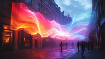 Naklejka premium Vibrant waves of colored light flow through a city street, creating a stunning visual display as people gather.