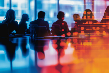 Silhouettes around a table in a futuristic office with neon lights, digital streams, tech meeting