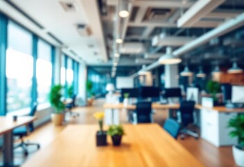 Beautiful defocused office background - office interior panoramic background, ai