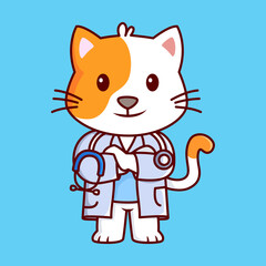 cute doctor cat carries a stethoscope Vector Illustration Icon. Flat Cartoon Style