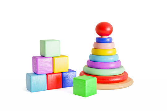 Wooden pyramid with colored rings and wooden cube isolated on white background Kids Toy, Organic baby teethers, child development, 3d render