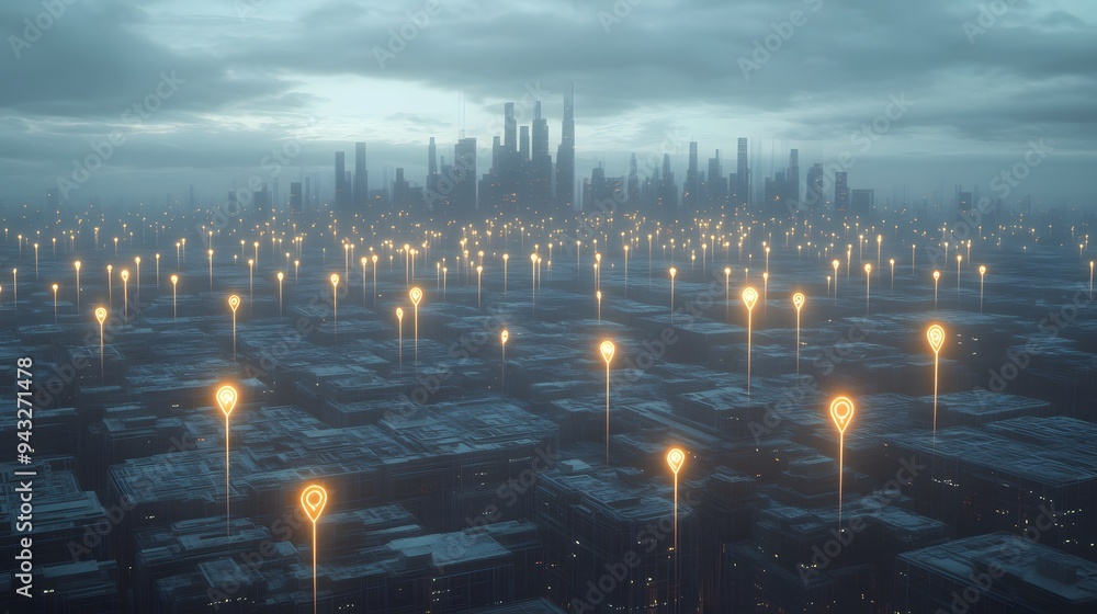 Poster 1. **a conceptual 3d rendering showcases a futuristic cityscape with a network of abstract location 