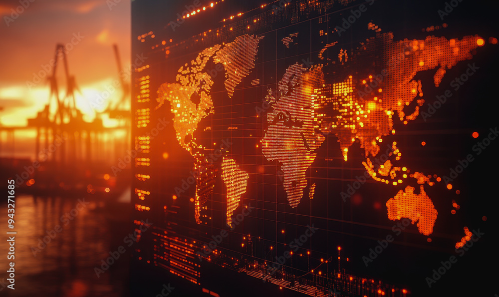 Poster digital trade interface with data streams, maps, and a port scene blending physical and digital worl