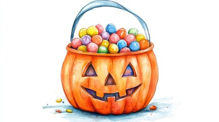 Watercolor illustration of a cute pumpkin bucket filled with sweet candies set against a white background Hand drawn cartoon composition