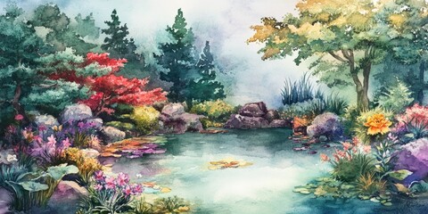 Watercolor illustration of a Japanese garden featuring a serene landscape with an artificial lake vibrant flowers and rich colors
