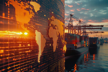 Fototapeta premium Digital trade interface with data streams, maps, and a port scene blending physical and digital worlds