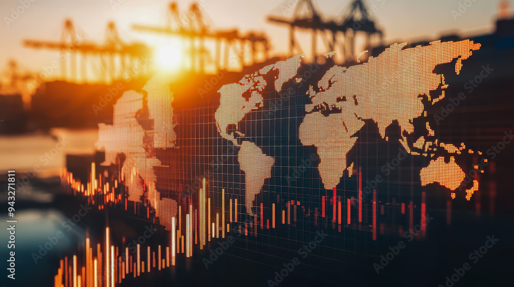 Poster digital trade interface with data streams, maps, and a port scene blending physical and digital worl