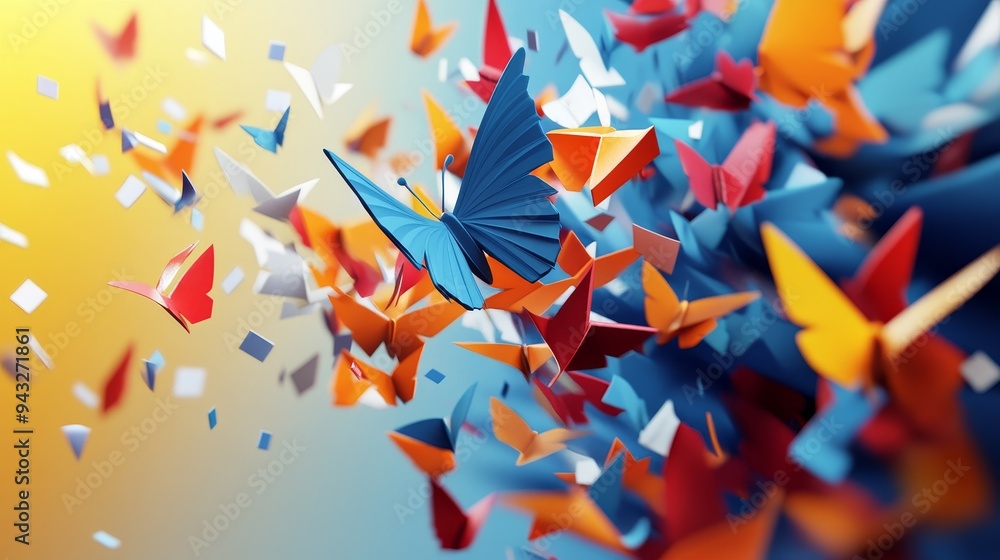 Poster abstract background with colorful geometric shapes resembling butterflies, creating a dynamic and pl