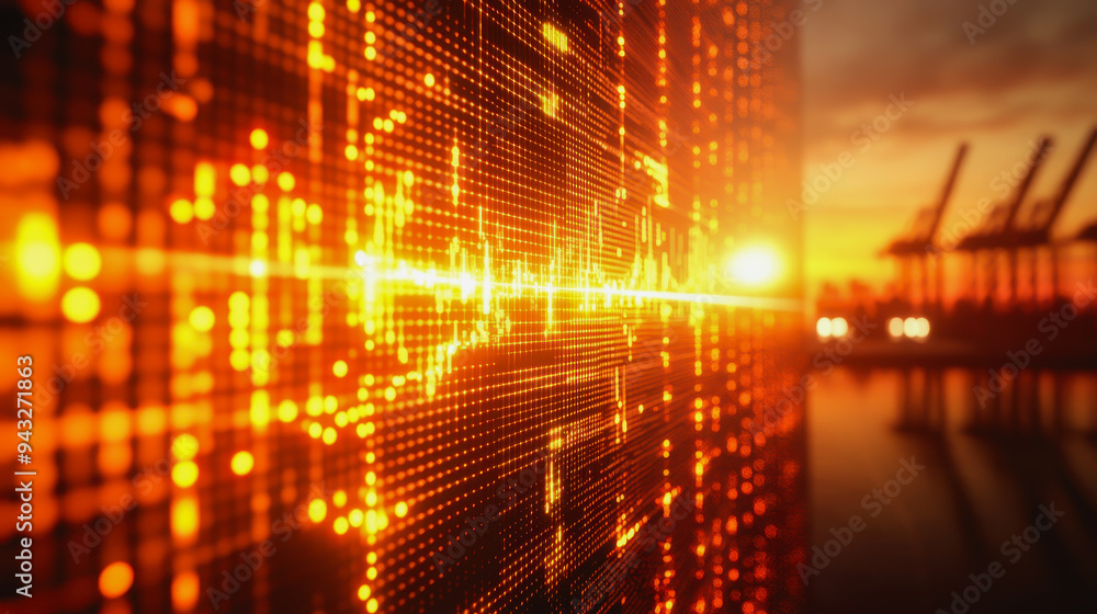Aufkleber digital trade interface with data streams, maps, and a port scene blending physical and digital worl