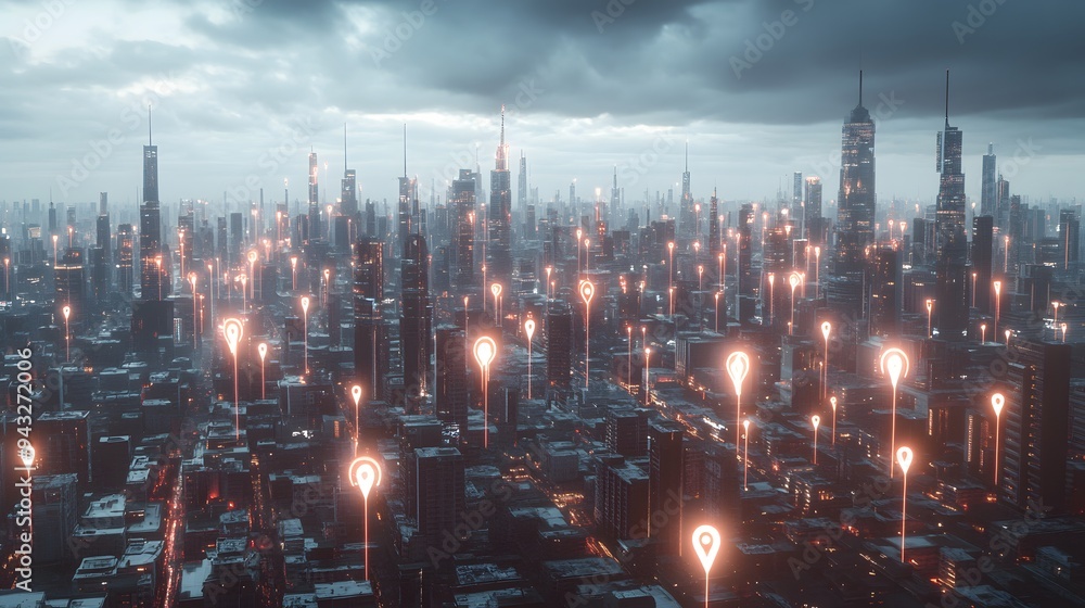 Poster 1. **a conceptual 3d rendering showcases a futuristic cityscape with a network of abstract location 