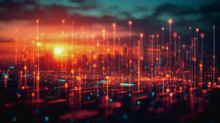 Obraz premium Digital trade interface with data streams, maps, and a port scene blending physical and digital worlds