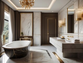 Fototapeta premium Luxurious Modern Bathroom with Marble Accents and a Freestanding Tub
