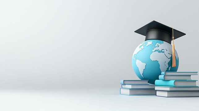 Global Education Concept with 3D Globe, Books, and Graduation Cap on Copy Space Background