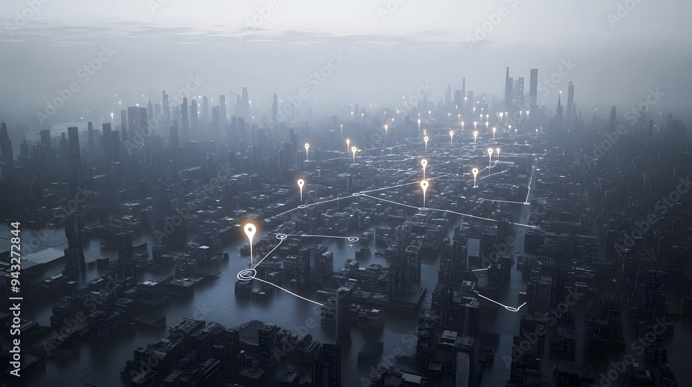 Poster 2. **visualize a modern city in a 3d conceptual render where abstract, luminous location pins are in
