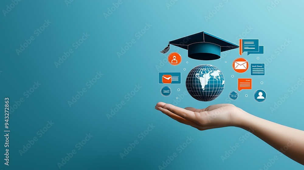 Aufkleber hand holding floating educational icons - concept of learning and knowledge acquisition with copy sp