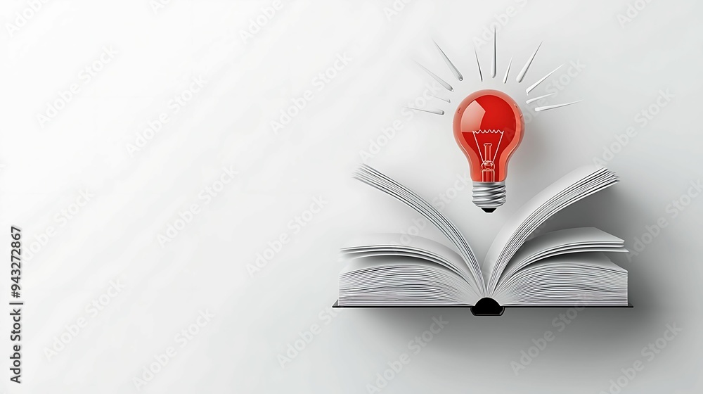 Poster 3d illustration of a lightbulb emerging from an open book symbolizing knowledge and innovation