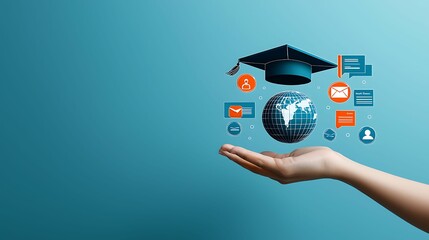 Hand Holding Floating Educational Icons - Concept of Learning and Knowledge Acquisition with Copy Space for Text