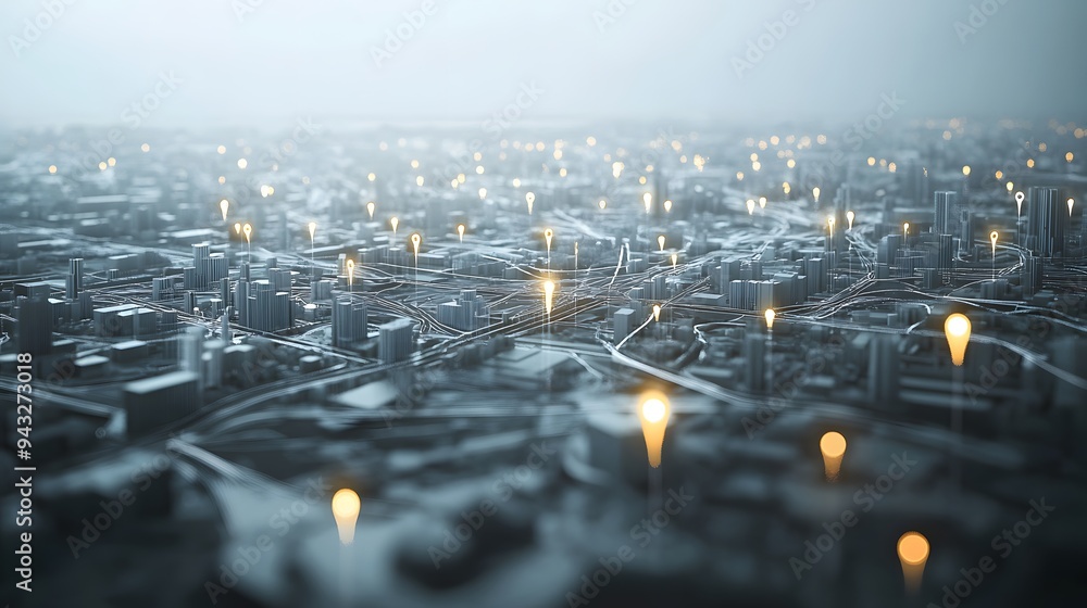 Poster 2. **visualize a modern city in a 3d conceptual render where abstract, luminous location pins are in