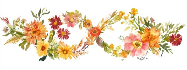 Obraz premium Watercolor depiction of wildflowers in a figure eight shape Celebratory card for International Women s Day featuring warm feminine blossoms