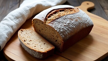  rustic whole grain loaf of bread sits on a wood created with generative ai