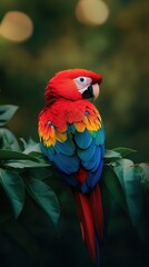 Obraz premium Colorful parrot perched on branch in lush green tropical forest with blurred bokeh lights background