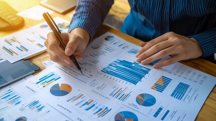 businessman analysis of business financial reports. Management of company data, metrics and marketing KPIs, financial status in beautiful graphs and reporting daily or monthly sales information simult