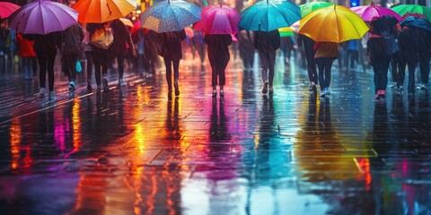 Obraz premium People walking under colorful umbrellas in the rain.