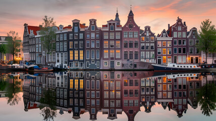 Fototapeta premium Amsterdam, Netherlands. Panorama of the historic city center of Amsterdam. Traditional houses and bridges of Amsterdam small town. A romantic evening and a bright reflection of houses in the water.