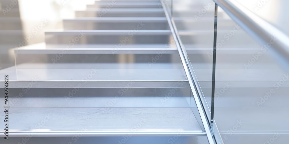 Poster 3d rendering of close up stairs featuring transparent panels and a glass balustrade showcasing abstr