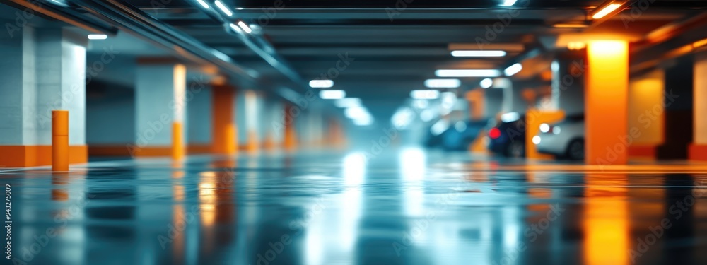 Poster 3d rendering of an abstract blurred background of an indoor parking area inside a shopping center