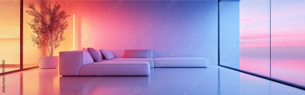 Poster minimalist house interior with abstract concrete design and color gradient neon lighting in a 3d ren