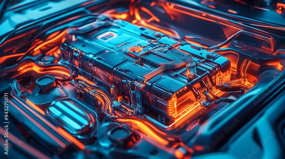 Poster 2. **create a detailed 3d rendering of an electric car lithium battery pack, emphasizing the complex