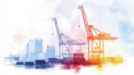 Obraz premium Container terminal with towering cranes, bustling with activity, watercolor style