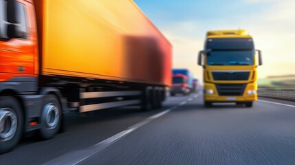 Freight trucks on the highway, focus on cargo transport, dynamic and industrious colors, double exposure silhouette with an open road.