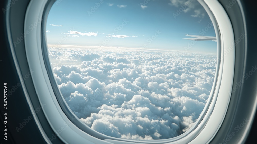 Poster 3d rendering of clouds and sky viewed from an aircraft window
