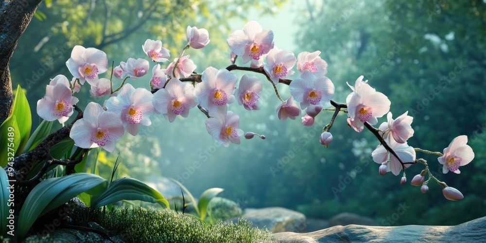 Poster 3d rendering of a blooming branch with light pink orchids amidst a forest backdrop