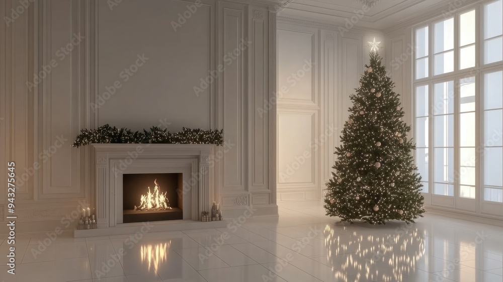 Fototapete 3D rendering of a Christmas themed interior featuring a New Year tree and an artificial fireplace adorned with lights in a white setting