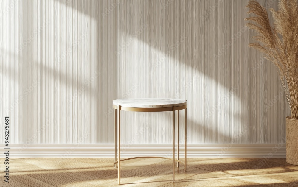 Poster 3d rendering of a light colored bright empty accent side table featuring a marble top and gold finis