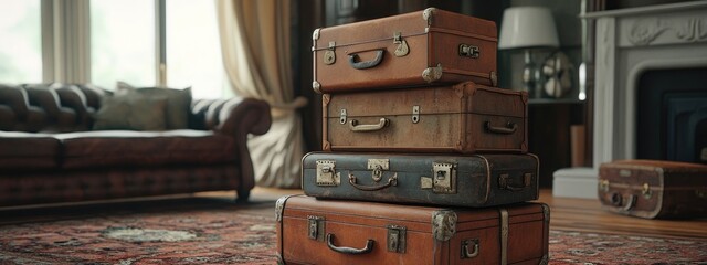 3D rendering of a vintage tower design concept featuring a pile of ancient suitcases as travel luggage in a classic living room setting