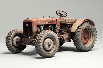 Vintage red tractor isolated on white, perfect for agricultural toy or model