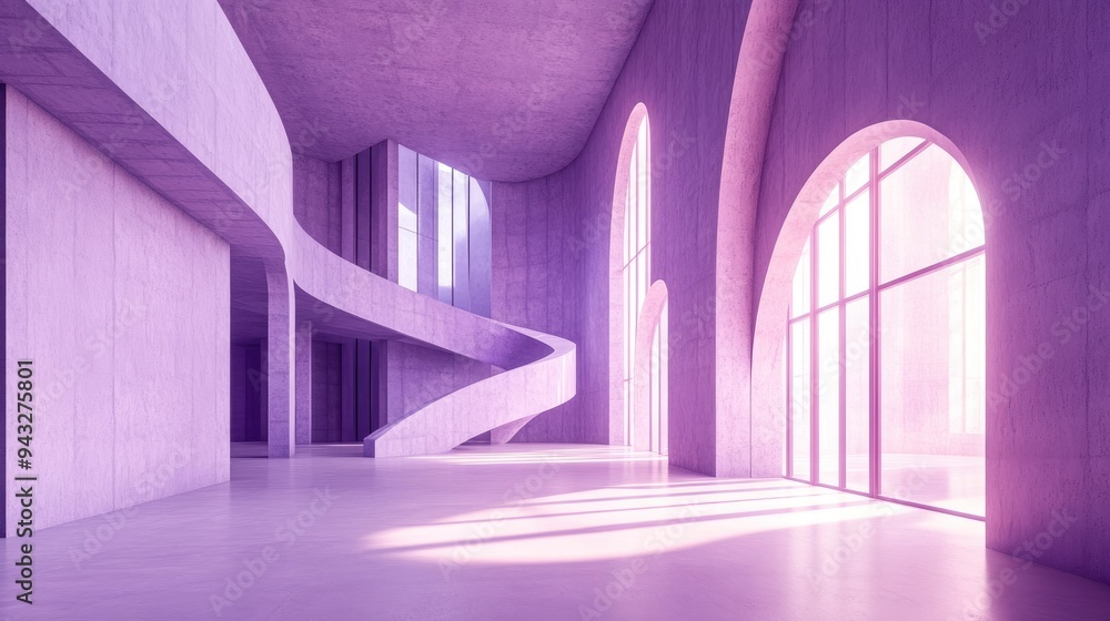 Poster abstract violet 3d rendering of a multilevel interior public space featuring windows