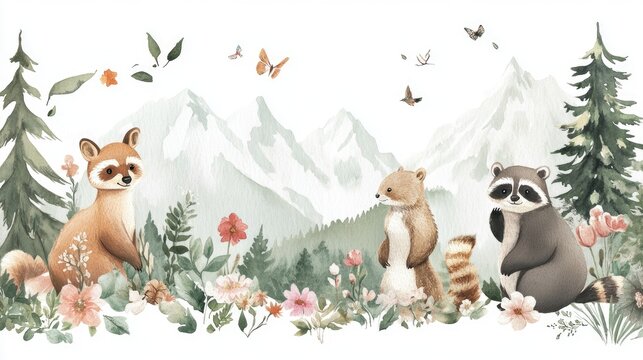Fototapeta Watercolor illustration featuring woodland animals and natural elements Includes deer raccoon bear squirrel verdant trees flowers and mountains Ideal for nursery decor or wallpaper
