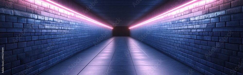 Poster 3d rendering of an empty corridor featuring brick walls illuminated by neon light