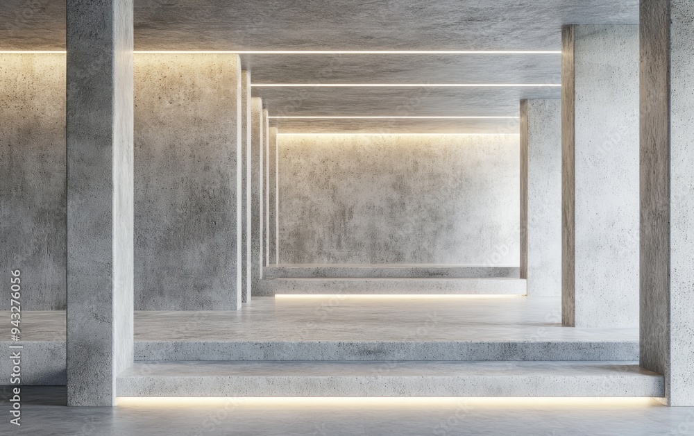 Aufkleber abstract interior space with concrete elements 3d rendering and illustration of architectural design