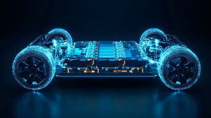 3. **Visualize a sleek, high-tech electric car lithium battery pack, with its power connections vividly illustrated in vibrant blue. The design highlights the essential role of the battery pack in