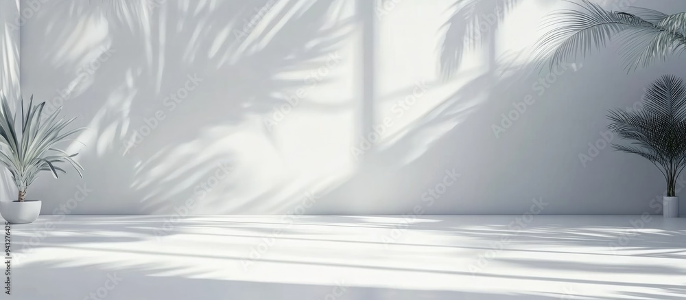 Poster Abstract white studio background for product presentation featuring a 3D rendering of an empty room with shadows of flowers and palm leaves providing ample copy space and a blurred backdrop