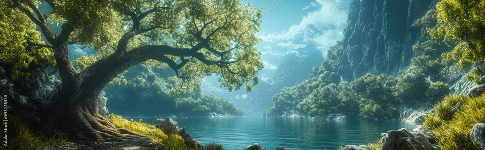 Poster 3d rendering of a panoramic nature scene showcasing high resolution images suitable for interior pri