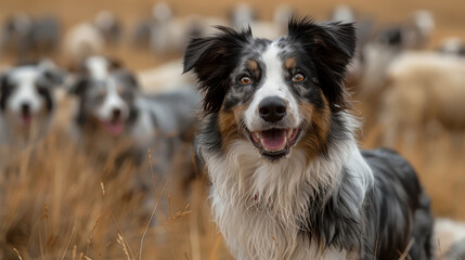 Fototapeta premium Border Collie herding sheep across expansive fields, showcasing its intelligence and versatility