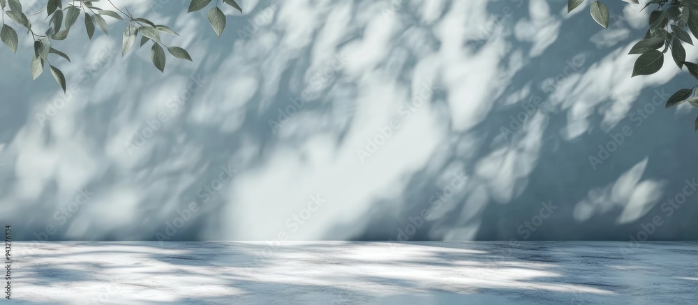 Aufkleber 3d rendering of a minimalistic light background featuring blurred foliage shadows on a soft blue wal